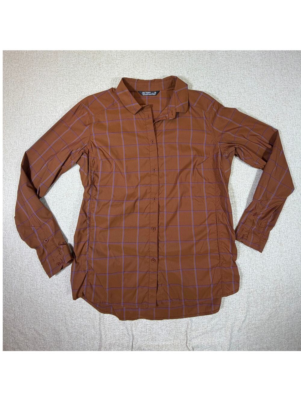 Arc'teryx Women L Brown Riel Long Sleeve Button Front Outdoor Hiking Shirt Trail
